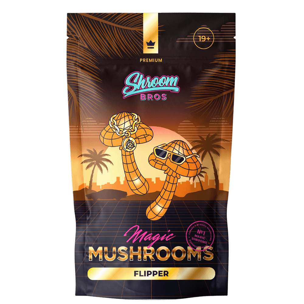 Buy Flipper Magic Mushrooms online – premium dried shrooms by Shroom Bros featuring TAT Black Cap x Hawkeye PE genetics